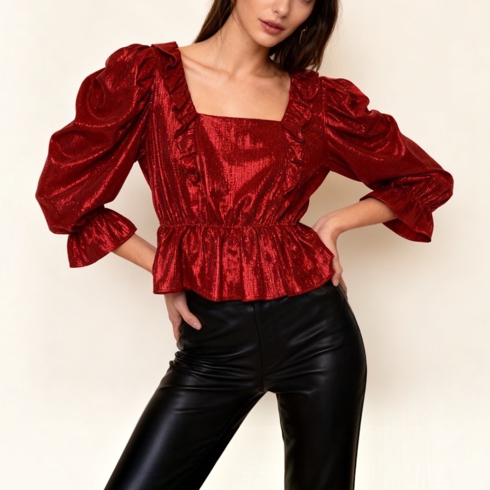 Queen of Sparkles Puff Sleeve Ruffle Peplum Top Metallic Blouse Party Red Medium